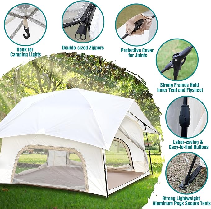 Chihee Camping Tents Pop up Easy Setup 2-Person Instant Tent Outdoor Shelter Stand-up Tent Square Family Cabin with Mesh Windows External Rainfly Carry Bag Portable Spacious Ventilation Beach Travel