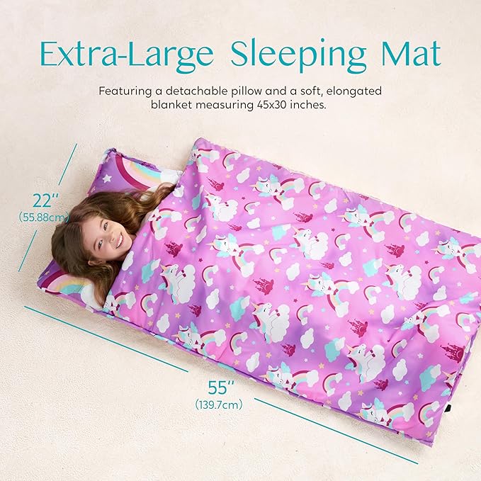 JOIEDOMI Toddler Nap Mat for Preschool 55''x30'' Sleeping Mat with Removable Pillow and Minky Blanket for Kids Ages 3-7 Roll Up Soft Kids Sleeping Bag for Boys Girls Kindergarten Daycare Sleepover