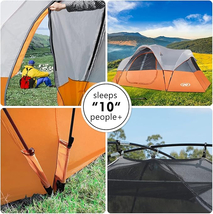 UNP Camping Tent 10-Person-Family Tents, Parties, Music Festival Tent, Big, Easy Up, 5 Large Mesh Windows, Double Layer, 2 Room, Waterproof, Weather Resistant, 18ft x 9ft x78in