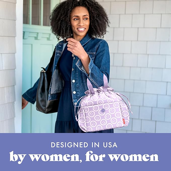 Fit & Fresh Lunch Bag For Women, Insulated Womens Lunch Bag For Work, Stain-Resistant Large Lunch Box For Women With Containers, Cinch Closure Cromwell Bag, All Smiles Lavender