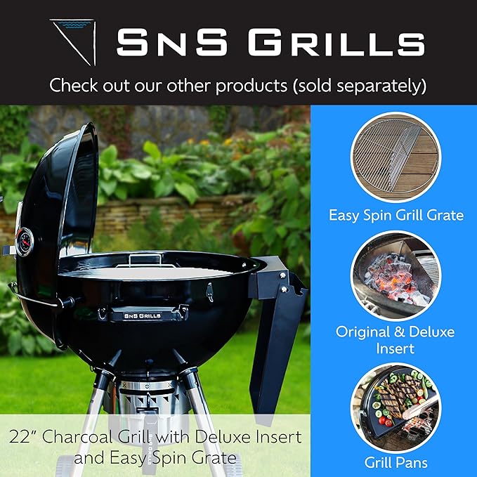 SnS Grills Slow ‘N Sear EasySpin Charcoal Grill Cooking Grate - Compatible with Weber and Other Grills, 2-Zone Stainless Steel Hinged Replacement - Tailgating & Backyard Cooking - 24” Inches