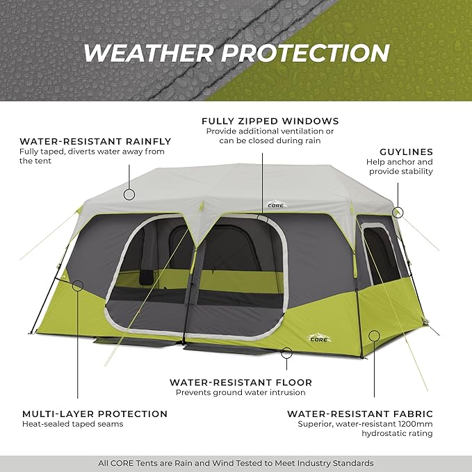 CORE Instant Cabin Tents | 6 Person / 9 Person / 10 Person / 12 Person Family Cabin Multi Room Pop Up Tents Car Camping | Included Storage Pockets for Camping Accessories