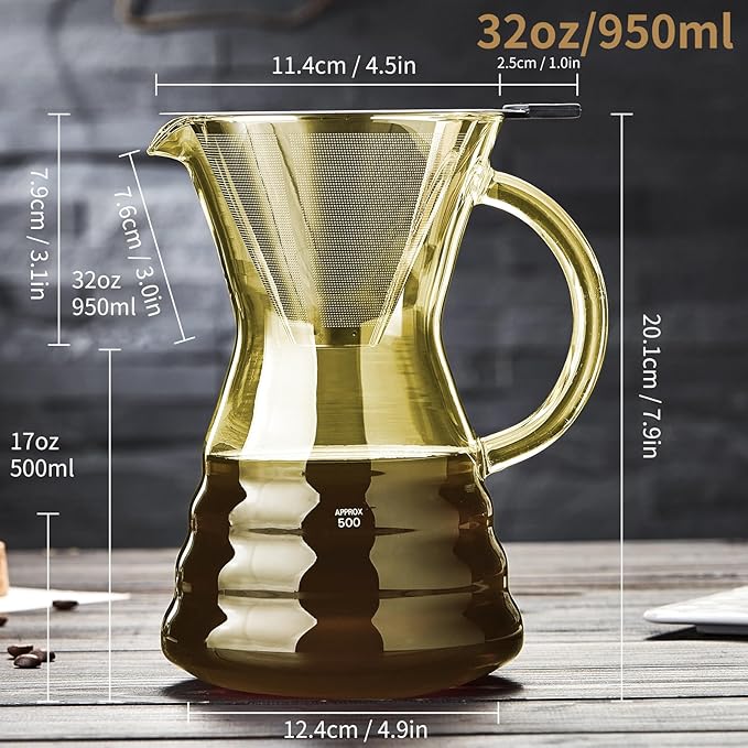 Unbreakable - Pour Over Coffee Maker with Permanent Stainless Filter 27 fl oz, Thickened Heat-Resistant Borosilicate Glass Dripper Coffee Brewer, Stovetop Safe, Yellow