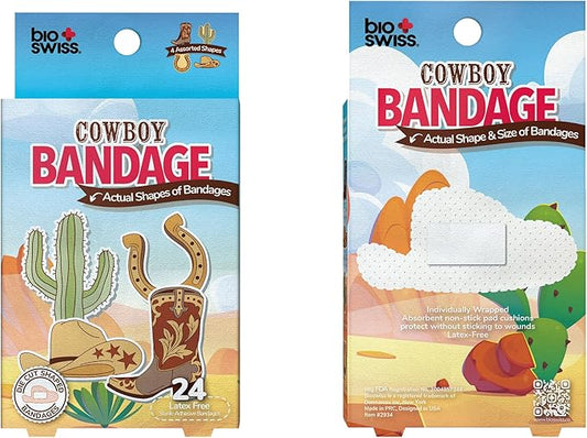 BioSwiss Bandages, Cowboy Shaped Self Adhesive Bandage, Latex Free Wound Care, Fun First Aid Kit Supplies for Kids and Adults, 24 Count
