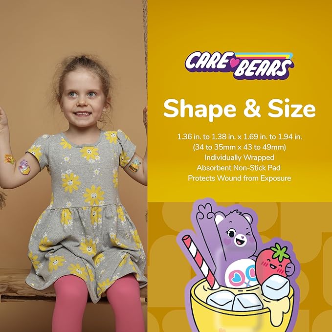 BioSwiss Care Bears Bandages, Sweet and Sour Care Bear Shaped Self Adhesive Bandage, Latex Free Sterile Wound Care, Fun First Aid Kit Supplies for Kids, 50 Count