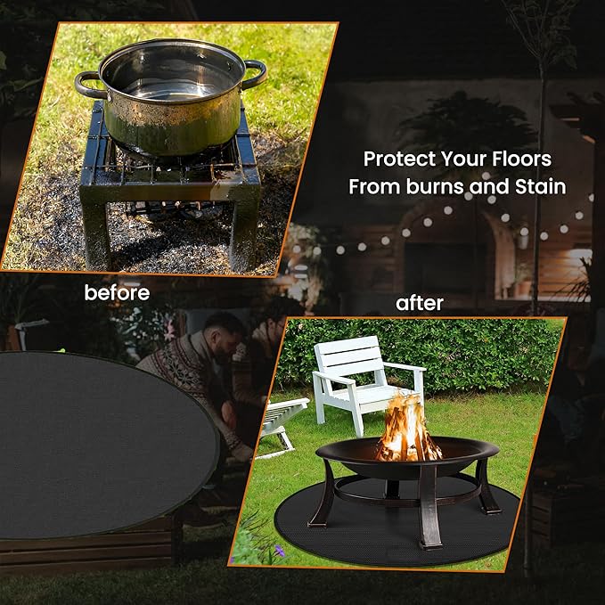 Fire Pit Mat | 36’ Round Premium Heat-Resistant BBQ Grill Protector for Deck, Patio & Grass | Portable Waterproof Outdoor Fireproof Mat for Stoves & Grills | USA Quality | Black