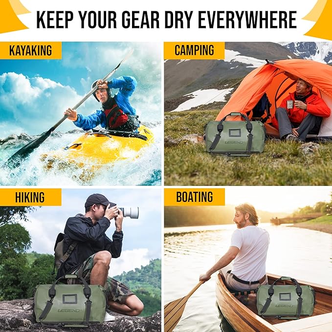 LEGEND Waterproof Duffel Bag - Heavy Duty Duffle Bag for Outdoor, Camping, Boating & Travel, Premium PVC Dry Duffel Bag, Motorcycle Dry Bag with Durable Strap & Handles with Large Storage - 40L Green