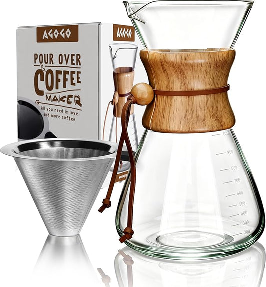 AGOGO Pour Over Coffee Maker Glass - 6/8/10 Cup Barista Kit with 304 Stainless Filter for Home, Office, Camping, Cafes - Easy Clean Coffee Dripper Set (Rag&Brush Included) (10 Cup/34 oz-Slim Shape)