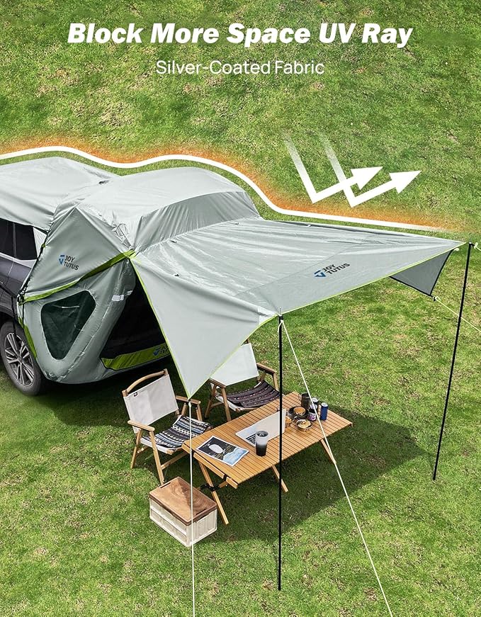 JOYTUTUS SUV Tailgate Tent with Three Sides Awning and Poles, Water Resistant SUV Camping Tent with Car Roof Cover, Outdoor Travel Preferred, Universal Fit Most Car, Grey Green