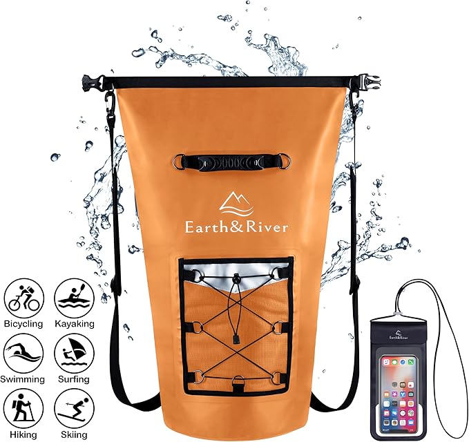 EARTH&RIVER Premium Dry Bag Backpack, Extra Thick, Protection for All Water Activities & Camping, Floating Lightweight Dry Bag with Inside Pocket Storage & IPX8 Waterproof Phone Case (Orange, 40L)