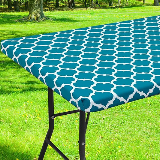 Smiry Rectangle Picnic Table Cover, Waterproof Elastic Fitted Camping Tablecloths for 8 Foot Tables, Wipeable Flannel Backed Vinyl Tablecloth Protector for Indoor, Outdoor (Turquoise, 30x96 Inches)