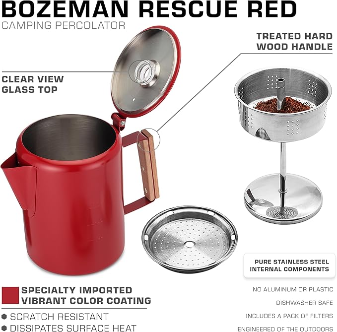 COLETTI Bozeman Camping Coffee Pot — Camping Coffee Makers, Coffee Percolator – America's Sleekest Percolator – NO Aluminum or Plastic (Red)