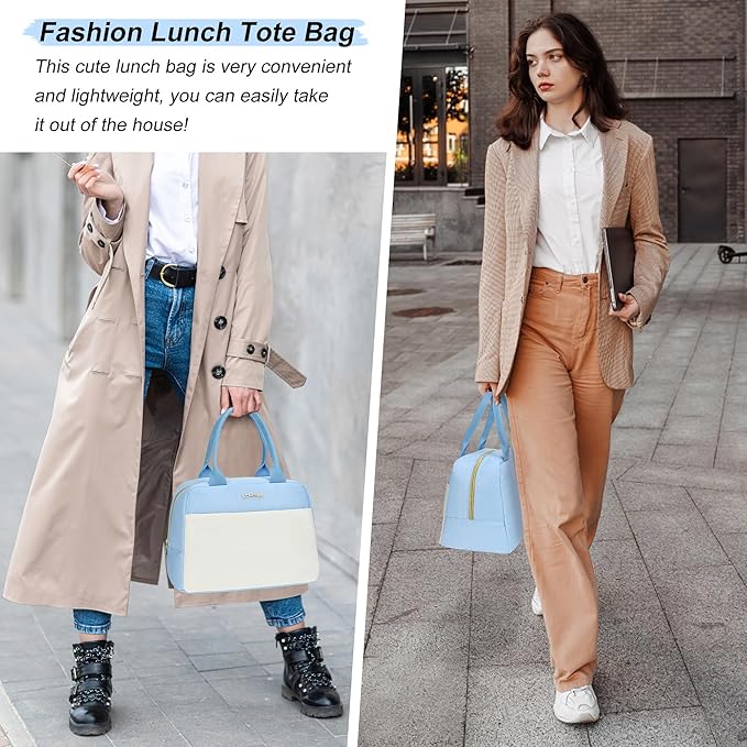 LOKASS Lunch Bag for Women-Insulated Adults Lunch Box with Front Pocket- Small Cute Lunch Tote for Work-Reusable Cooler Bag for Office Picnic Beach or Travel (Sky Blue)