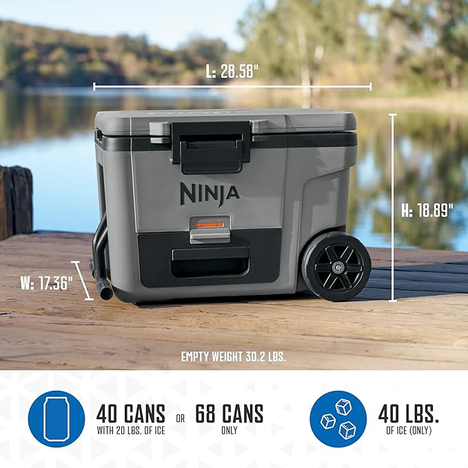 Ninja | Cooler | FrostVault 45QT Cooler with Wheels | Insulated with Temp Dry Storage Drawer | Keeps Ice Cold for Days | for The Beach, Camping, Picnics & More | Slate Gray | FB245GY