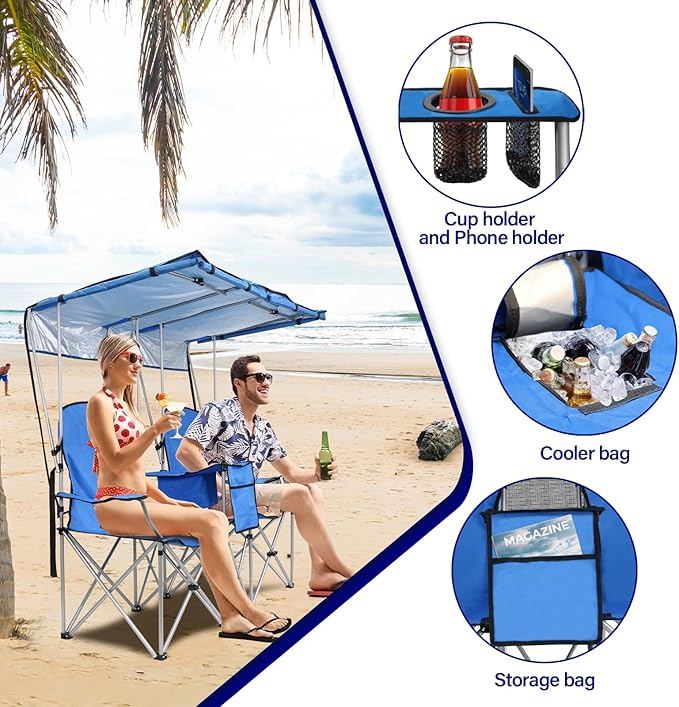ptlsy Double Camping Chair with Canopy, Folding Two-Person Seat, Portable Outdoor Loveseat with Shade, Folding Chairs for Beach, Lawn, and Outdoor Activities (Blue)