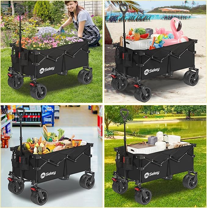 Sekey 330lbs Collapsible Foldable Wagon with Large Capacity, Heavy Duty Folding Utility Garden Cart with Big All-Terrain Beach Wheels & Drink Holders. Black