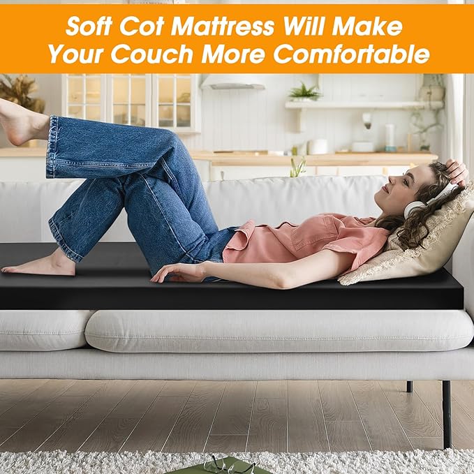 CYMULA Camping Cot Mattress 2in Memory Foam Sleeping Pad,Soft Warm Non-Slip Camping Mattress Topper with Retaining for Adults,Portable Roll up Pad for Travel(75 x30)(only Mattress)