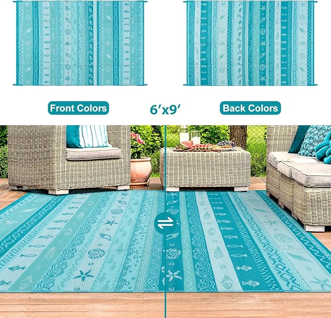Lahome Outdoor Rug Waterproof, 6x9 Reversible Outdoor Plastic Straw Rug for Camping, RV Patio Rugs Large Carpet for Porch Deck Backyard Balcony Picnic(Blue/Multi,6'x 9')