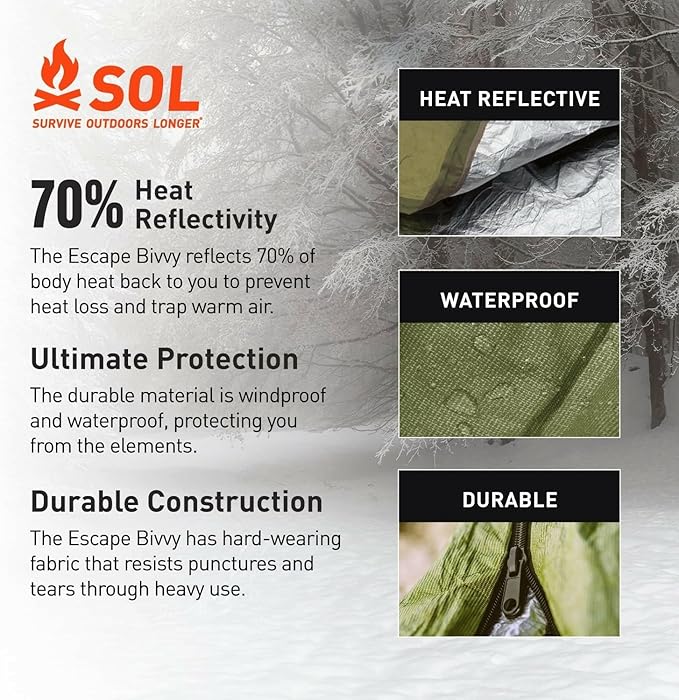 SOL Escape Bivvy with Hood - Emergency Preparedness Blanket - Reflects Up to 70% Body Heat - Outdoor Survival Bivvy - Water Resistant - Durable & Breathable - Winter Camping Supplies - Green