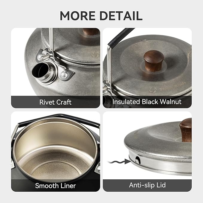 0.6 Liter Lightweight Stainless Steel Camping Kettle Portable Camp Tea Pot, Outdoor Campfire Use, Black