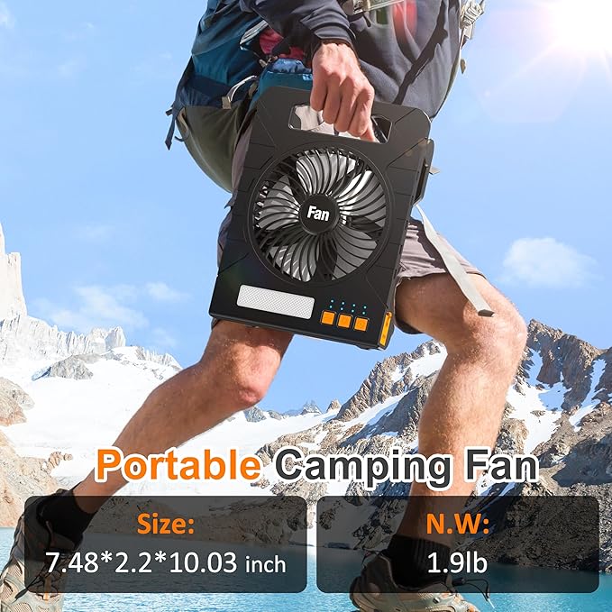 Solar Powered Fan for Camping, 4000mAh Portable Table Fan with LED Lantern, Flashlight, Battery Operated, 4 Speeds Powerful Wind and 4 Timers, for Workbench, Picnic, Hurricane, Fishing