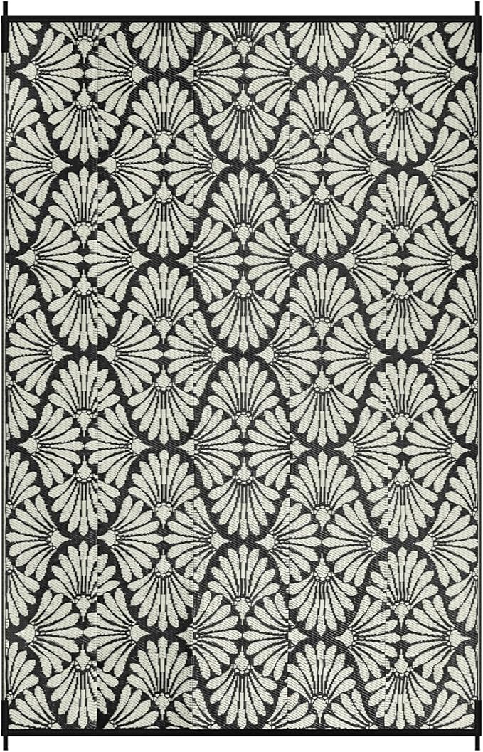 Lahome Outdoor Rug Patio Waterproof 6x9, Black Outdoor Plastic Straw Rug for Porch, Portable Lightweight Mats for Backyard Garden Deck Camping Outside, Black White,6'x9'