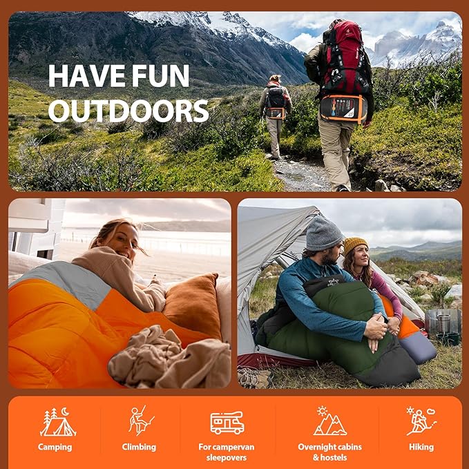 Adult Kids Sleeping Bag - All Season Warm/Cold Weather Lightweight for Camping & Hiking - Compact w/Compression Sack - Portable for Backpacking Travel Indoor - Unisex Boy Girl Man Woman