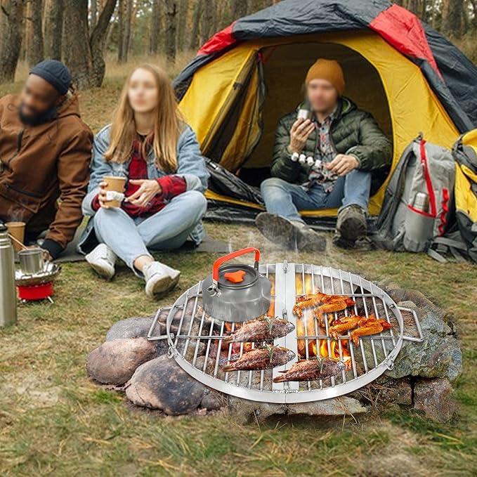 REDCAMP Foldable Fire Pit Cooking Grill Grate 30 Inch, Campfire BBQ Grill with Portable Handle & Support Wire, Heavy Duty Stainless Steel Round Campfire BBQ Grill for Outdoor Picnic Party & Gathering