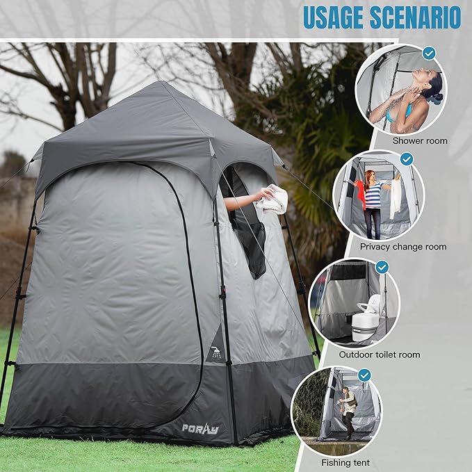 Portable Camping Shower Tent Deluxe Changing Room with Shower Bag Easy Set Up Privacy Shelter,Large Toilet Tent with Floor Drain Design for Beach,Camping,Hiking with Stakes and Ropes for Stability