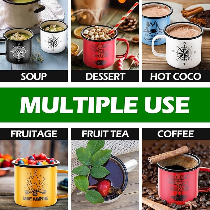 HaSteeL Camping Enamel Mug Set of 6, 16oz/455ml Coffee Cup with Pattern for Milk Tea Beer Drinking, Portable for Home Office Campfire Travel Hiking Backpack Indoor & Outdoor, Light-weight & Durable