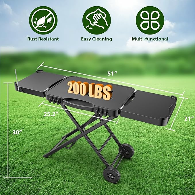 Portable Indoor Grill Table Stand for Ninja Woodfire Outdoor Grill(OG701 OG850 OG951 Series), 51in Large Space, Folding Camping Tailgating Table for Blackstone Griddle/Onni Pizza Oven,2 Wheels