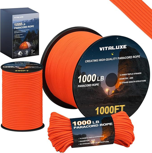 1000lb Paracord Rope, 4mm 12 Triple Strands Paracord, Heavy Duty Tactical Parachute Cord for Survival Gear, Camping, Hiking, and Ideal for Bracelets, Lanyards, Type III