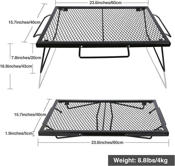 Folding Campfire Grill Grate, Portable Heavy Duty Steel Over Fire Camp Grill for Outdoor Camping Cooking Fire Pit, Black with 2 Heights