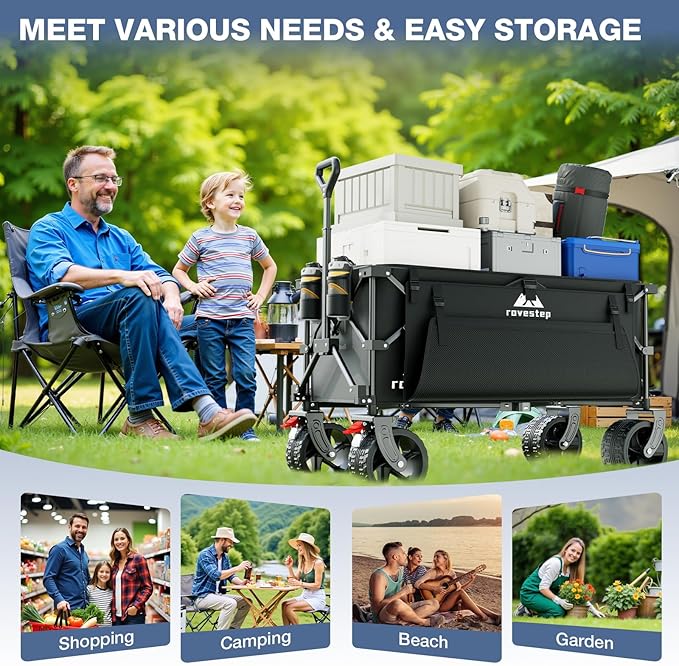 Heavy Duty Collapsible Beach Wagon with Big Wheels – All-Terrain Foldable Utility Cart, 166L Capacity, 450lbs Load Folding Wagon for Sand, for Outdoor, Gardening, Camping, Sports, and Grocery