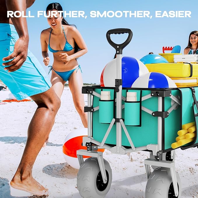 Beach Wagon with Big Wheels for Sand, All Terrain Steel Frame Foldable Beach Cart, 9" Inflatable Tires, 200L Large Capacity, Collapsible Design for Easy Transport, Lightblue