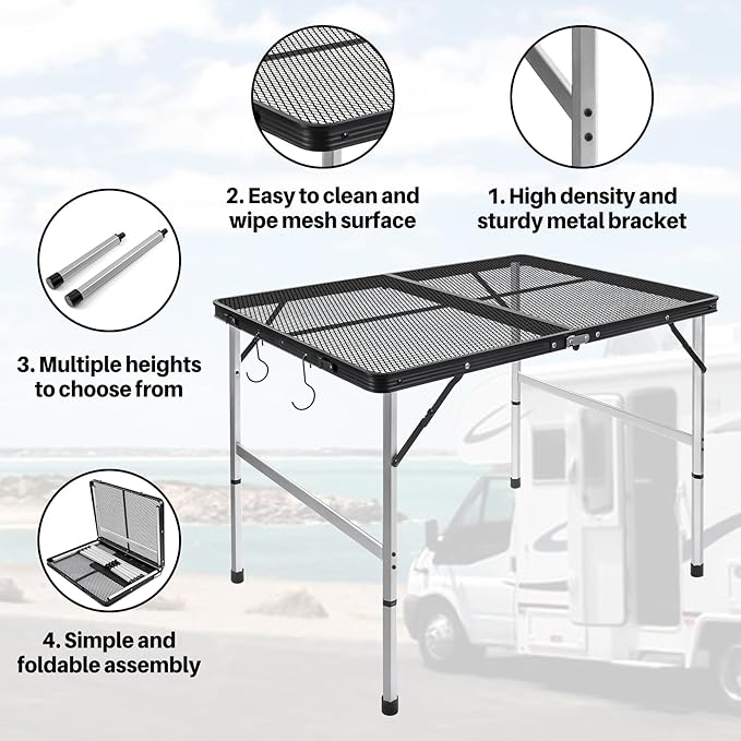 jkwokback 3ft x 2ft Grill Table Portable Camping Table, Waterproof Black Folding Table with Adjustable Height Camping Table,Folding Camp Table for BBQ,Camping, Outdoor Sports, Beaches and Picnics