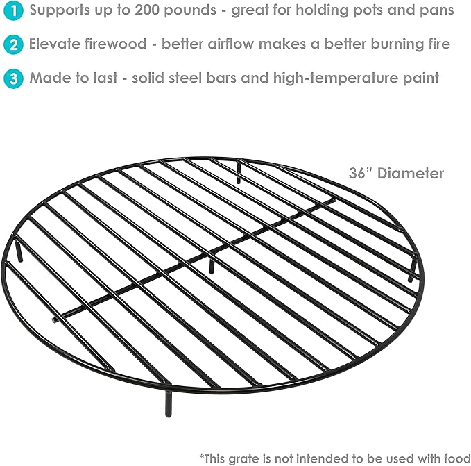 Sunnydaze 36-Inch Round Heavy-Duty Steel Fire Pit Grate - for Outdoor Firepits - Black