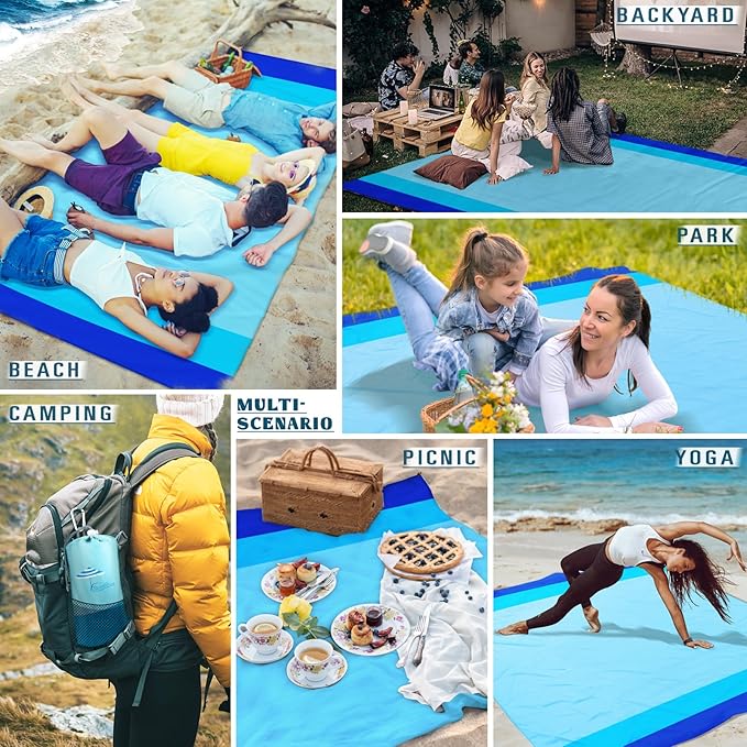 Beach Blanket Sandproof Waterproof 10'×9' 1-8 Adults Oversized,Compact Lightweight Durable Beach Mat for Travel Camping Hiking Picnic Blanket