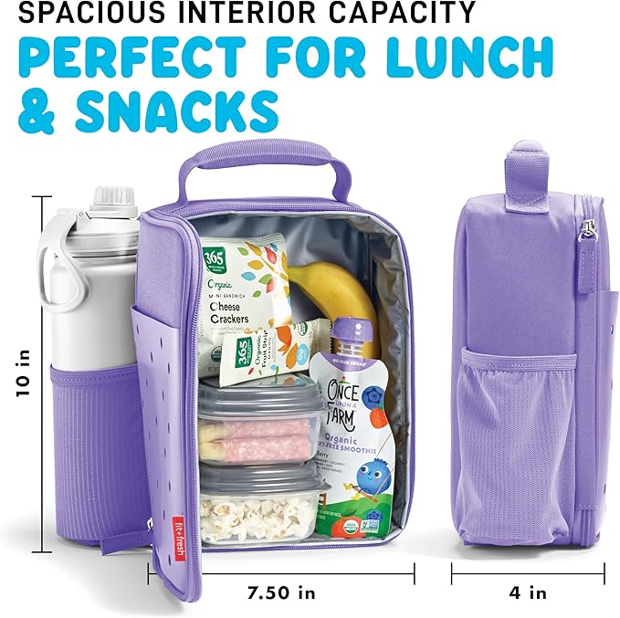 Fit & Fresh Charm Lunch Bag For Kids, Thermal Insulated Lunch Box For Kids Boys & Girls With Shoe Charm Slots For Personalization, School Lunch Box, Purple