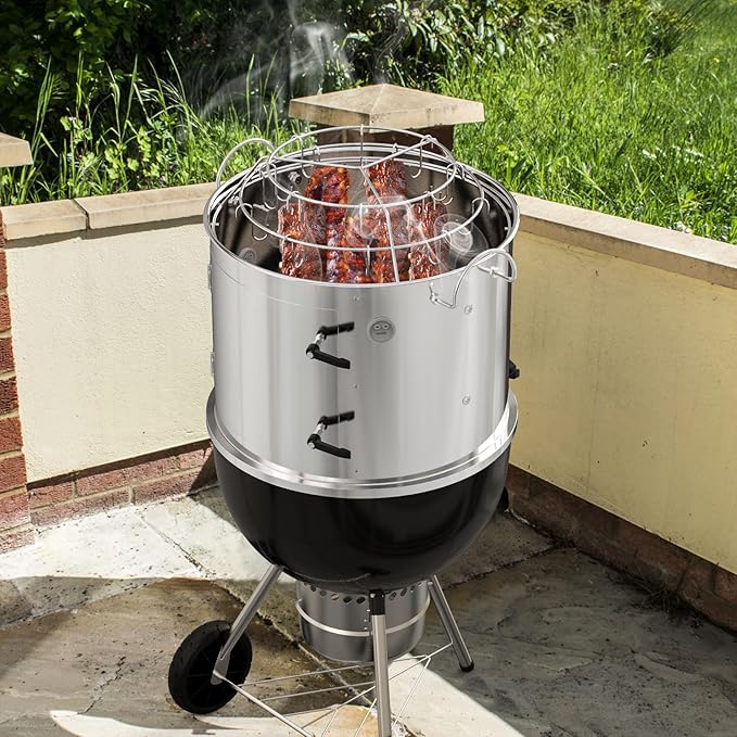 onlyfire Stainless Steel Grill Smoking Kit, Rib Hanging Attachment for Weber 18 inch Kettle Charcoal Grills - Turns Your Kettle into Smoker
