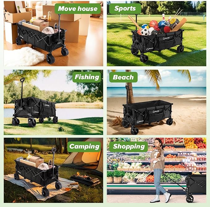 48''L Wagons Carts Foldable - 440Lbs Collapsible Wagon Heavy Duty Black Cart for Camping, Garden, Shopping and Storage - with Wheels and Elastic Rope