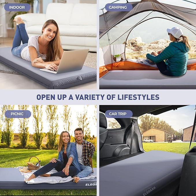 Elegear FiberAir Camping Sleeping Pad, 1100lb Ultra-Support Inflatable Sleeping Pad with Multi-Function Electric Pump, 4’’ Ultra-Thick Camping Air Mattress Pad for Camp/Backpacking/Hiking/Tent/Home