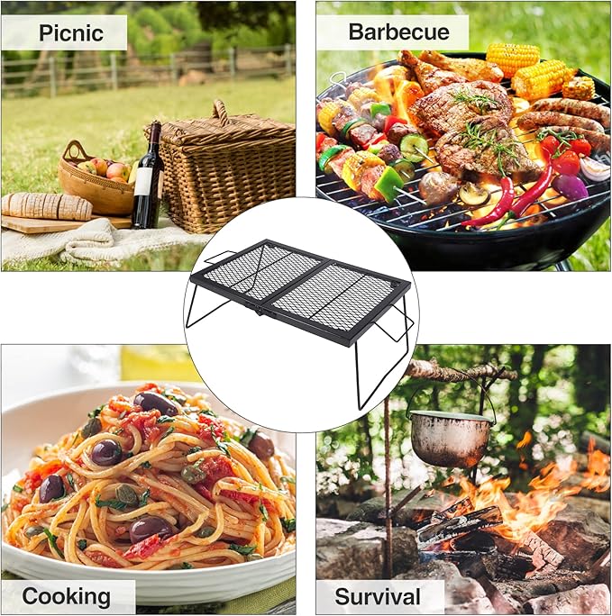 Folding Campfire Grill Grate, Portable Heavy Duty Steel Over Fire Camp Grill for Outdoor Camping Cooking Fire Pit, Black Folded in Half