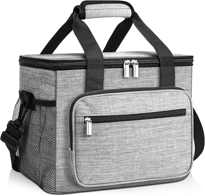 Insulated Lunch Bag, 15L Large Leakproof lunchbag Lunch Boxes for Adult Men Women, Soft Cooler Bags with 6 Pockets and Carabiner Clip for Work Picnic Travel (Gray)