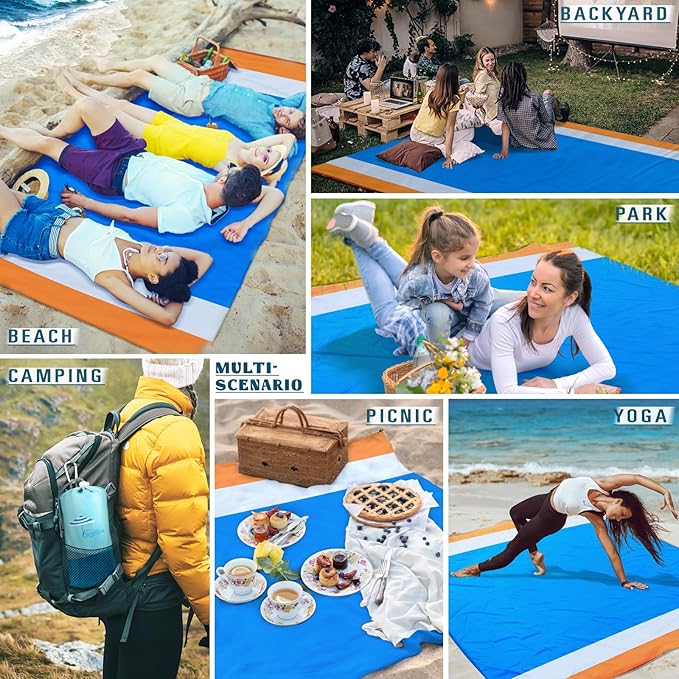 Beach Blanket Sandproof Waterproof 10'×9' 1-8 Adults Oversized,Compact Lightweight Durable Beach Mat for Travel Camping Hiking Picnic Blanket