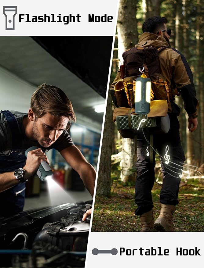 Foldable Camping Lantern with Bluetooth Speaker, Built-in Rechargeable 10000mAh Power Bank, LED Folding Camping Lights, 750Lm, 5 Modes, SOS, IP54 Waterproof, Portable Flashlight