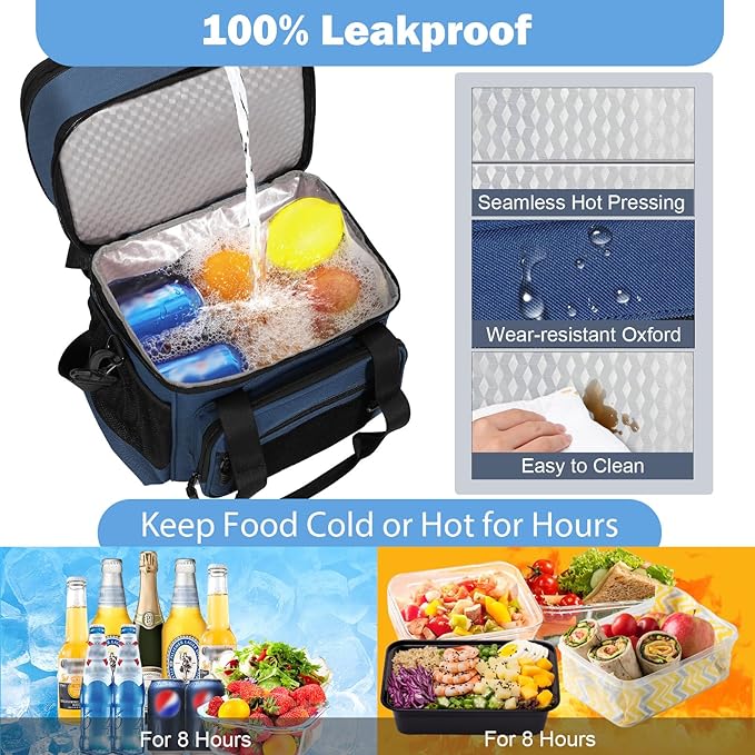 GLENKEY Double Deck Insulated Lunch Box, Expandable Large Lunch Bag Leakproof Cooler Bag Lunch Pail for Men Women Adults Work Shifts Travel Daytrip,16L,Blue