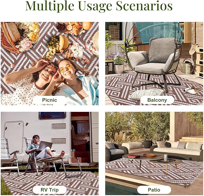 OPPODREAM Outdoor Rug 9x12 Patio Waterproof, Large Outdoor Plastic Straw Rug, Reversible Out Door Carpet for Camping, Deck, Rv, 9 x 12 Area Carpet for Balcony, Porch, Backyard, White and Brown