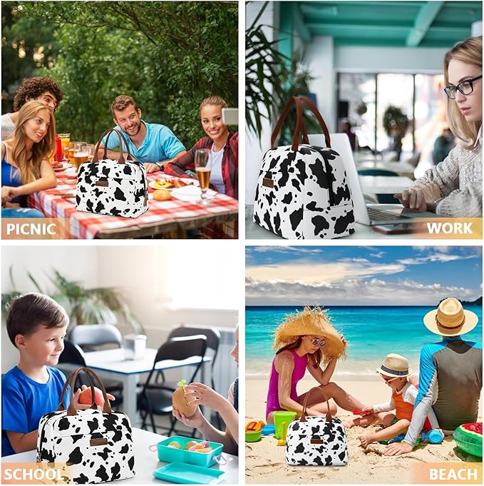 LOKASS Lunch Bag for Women/Men-Insulated Adults Lunch Box with Front Pocket- Small Cute Lunch Tote for Work-Reusable Cow Print Cooler Bag for Office Picnic Beach or Travel