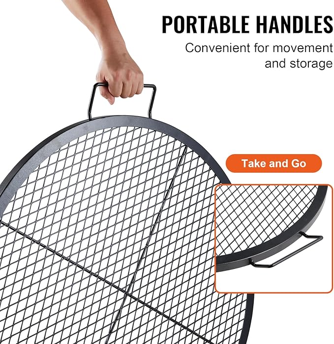 VEVOR X-Marks Fire Pit Grill Grate, Round Cooking Grate, Heavy Duty Steel Campfire BBQ Grill Grid with Handle and Support X Wire, Portable Camping Cookware for Outside Party & Gathering, 30 Inch Black